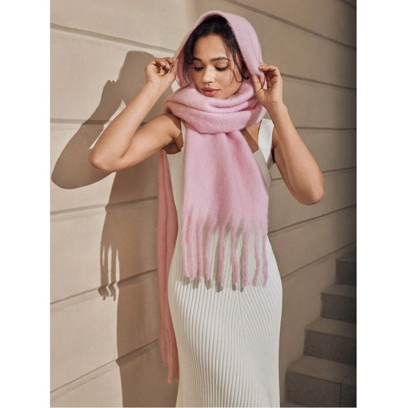 Baby Pink Wide Shawl Scarf With Tassels Fuzzy Knit - Picture 13 of 16